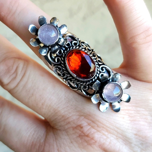 New Mozambique Garnet and Rose Quartz 925 Silver Flowers Statement Ring. - Picture 1 of 11